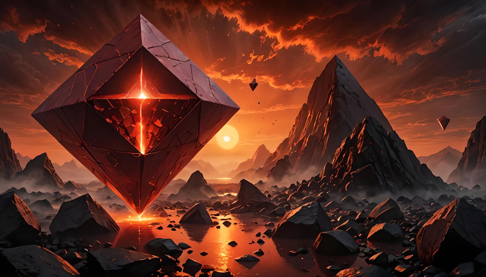Blazing Red Octahedron in Fantasy Sunset