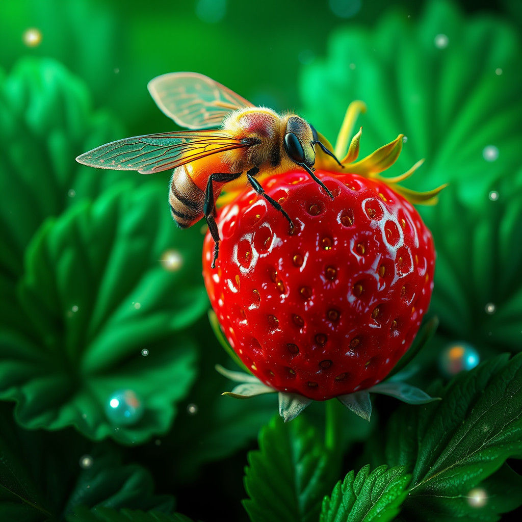 Iridescent Fairy Bee Above Strawberry in Ultra HD