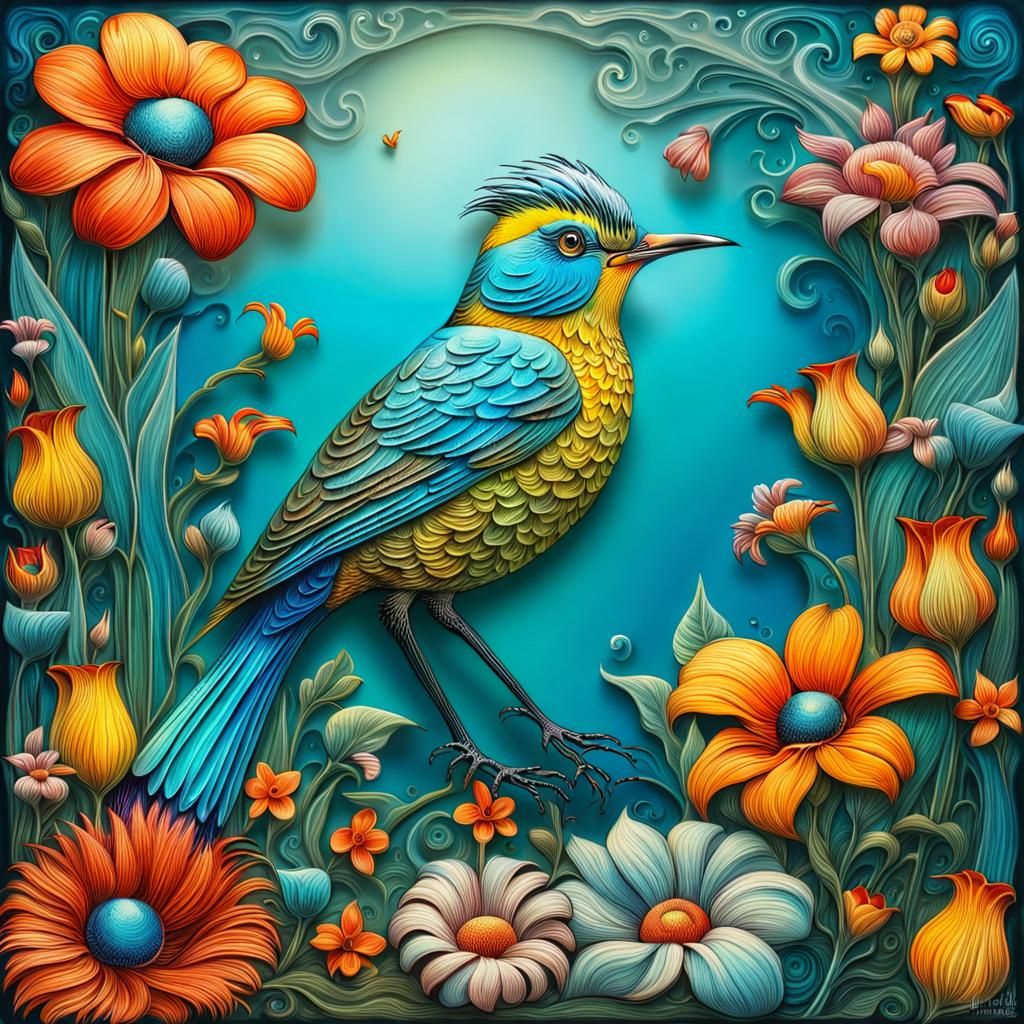 Glassigami Bird and Flowers in Surreal Style