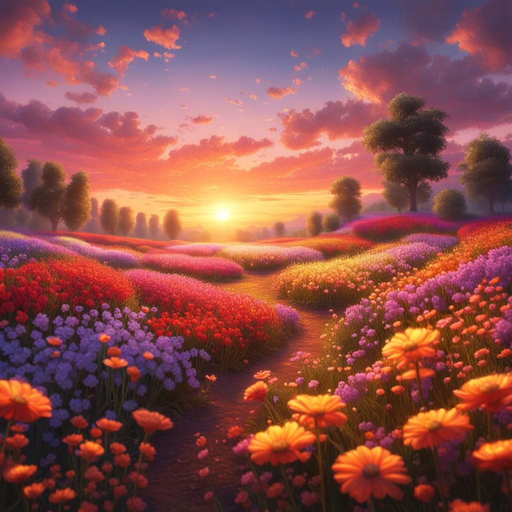 Impressionistic Sunset Over a Colorful Flower Field