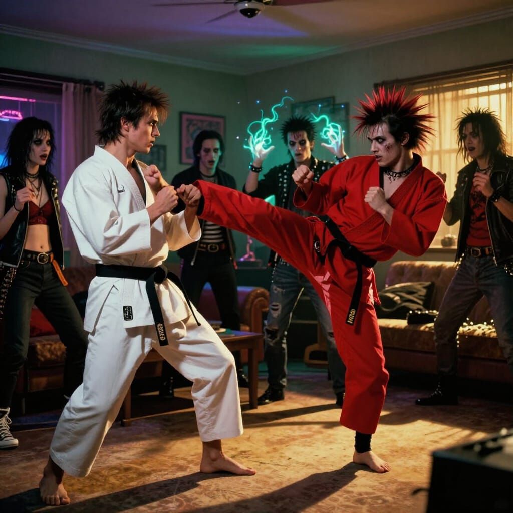Karate Battle in 80s VHS Horror Living Room