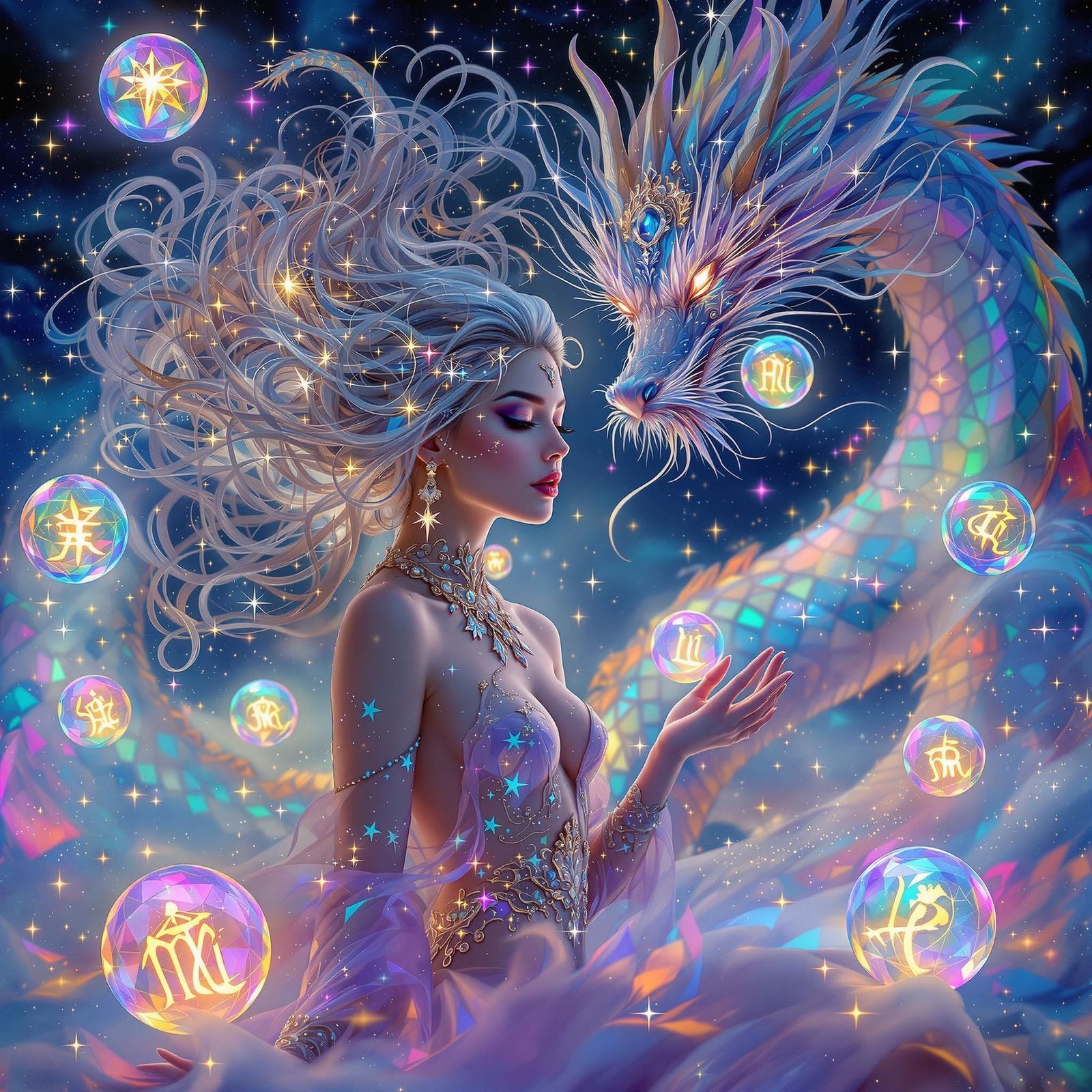 Dreamlike Gemini Woman with Dragon and Crystals