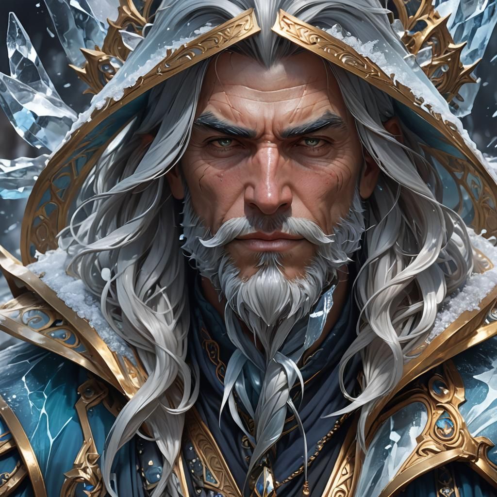 Detailed Portrait of an Ice Wizard in Hyperreal Style