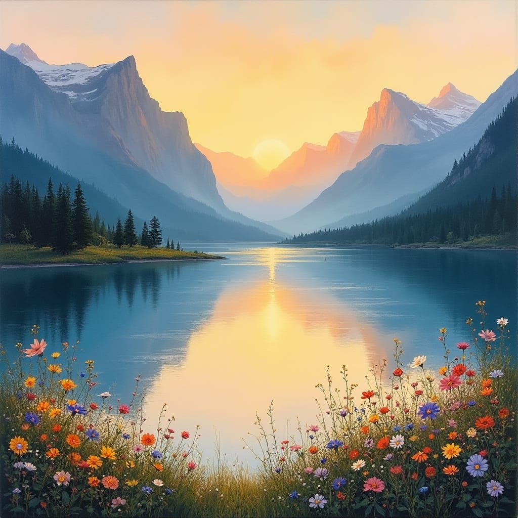 Serene Mountain Lake at Sunset in Expressive Gouache Style