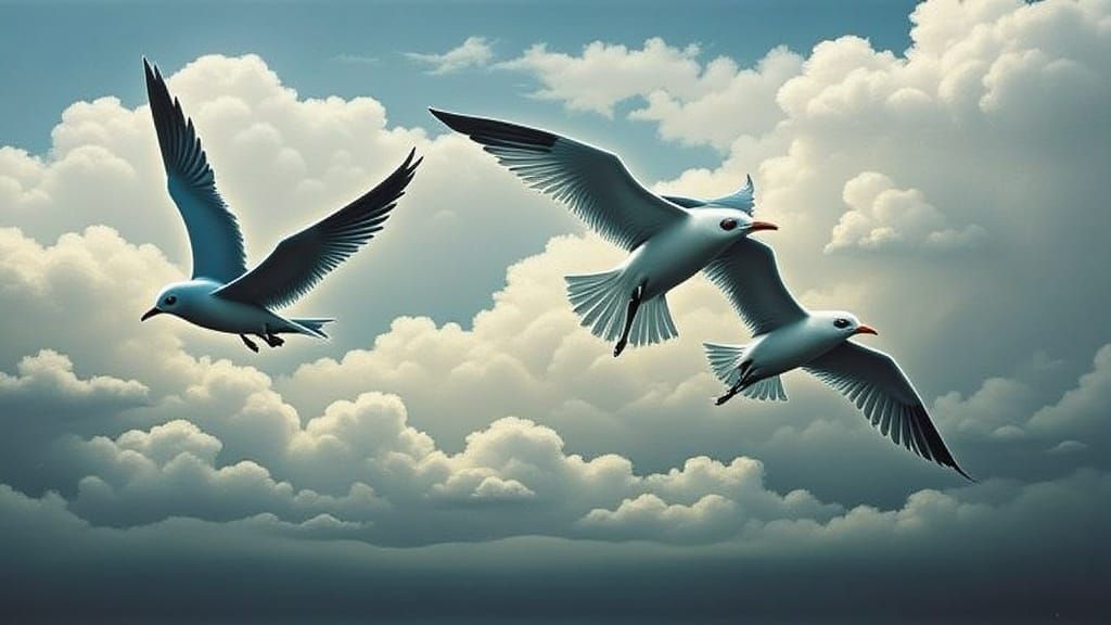 Seagulls in Flight: Romantic Landscape