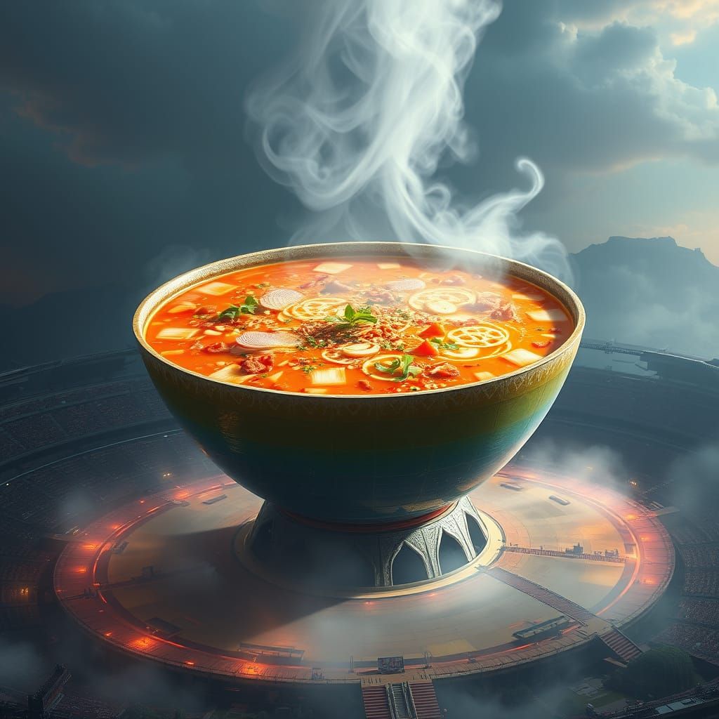 Colossal Soup Monument in Dreamlike Fantasy Style