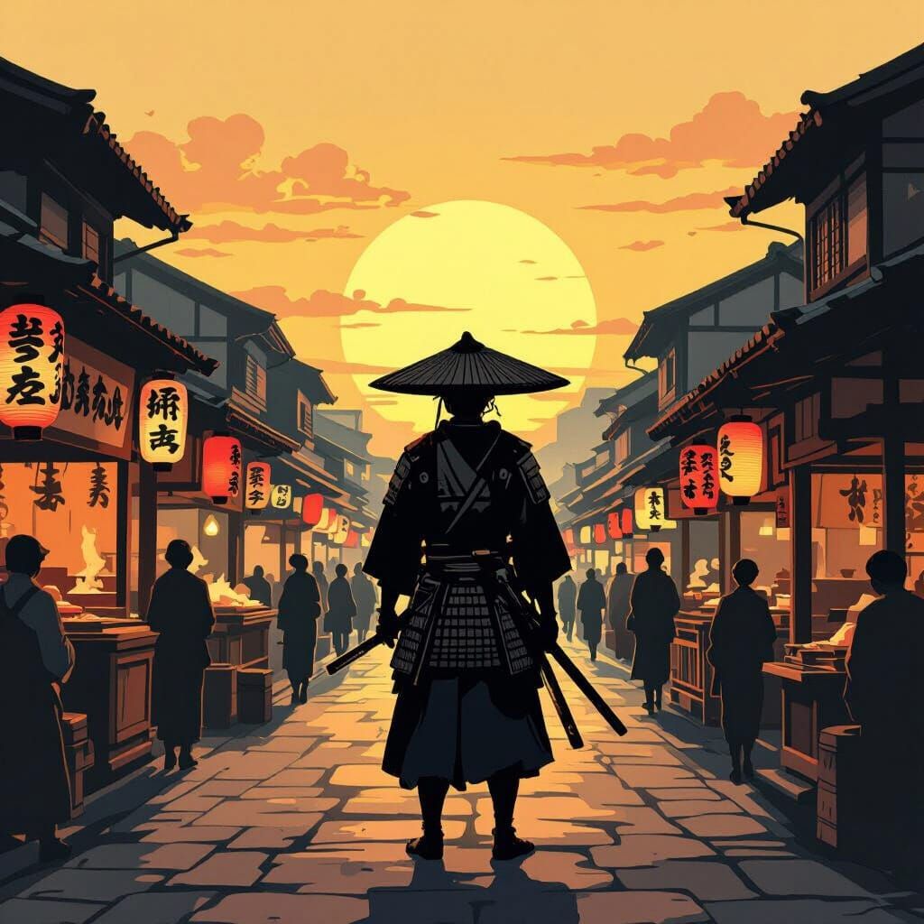 Samurai Warrior at Sunset in Edo Marketplace