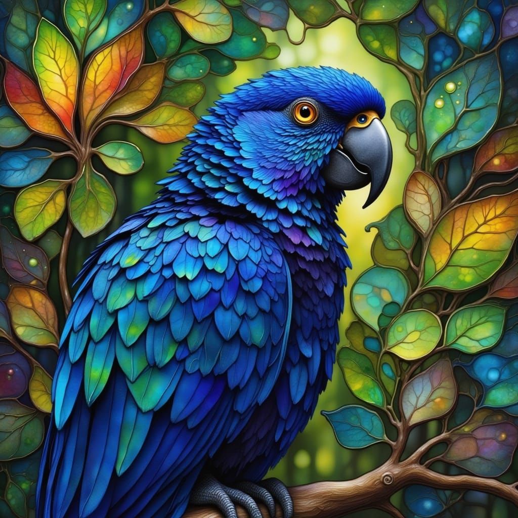 Hyacinth Macaw in Deep Blue Amidst Muted Green Leaves