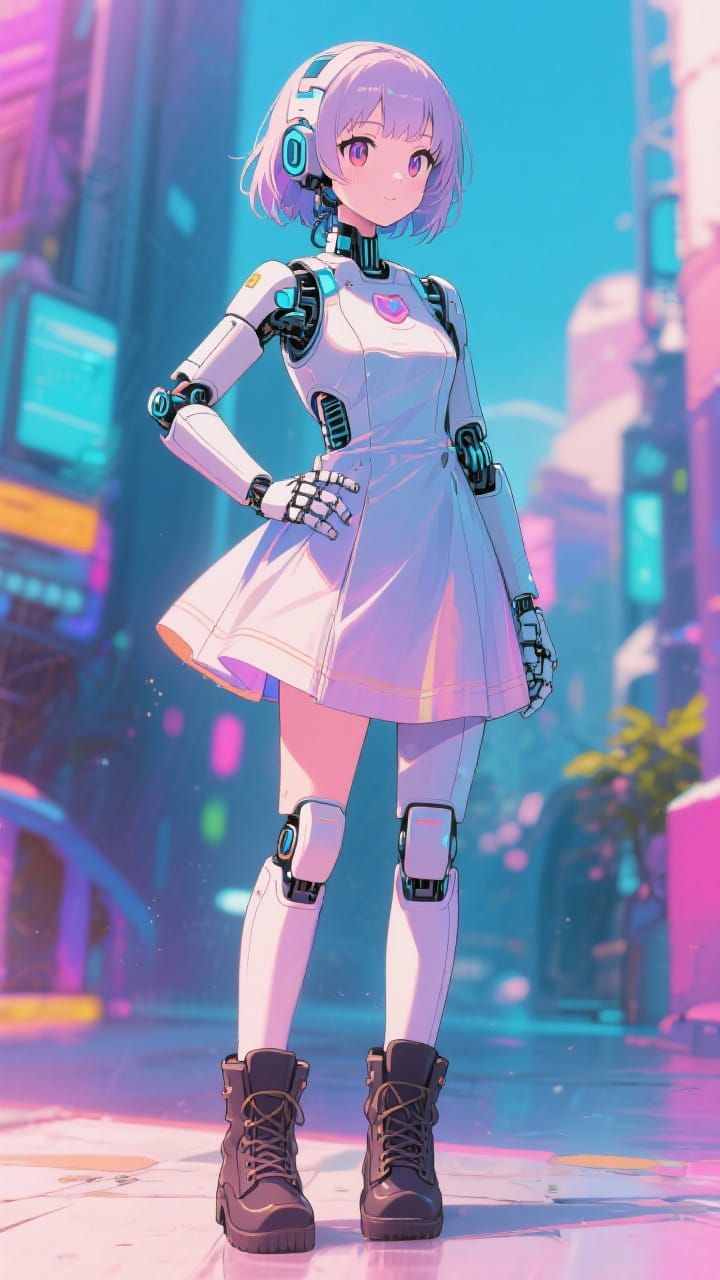 Anime Robot Girl in Dress and Boots