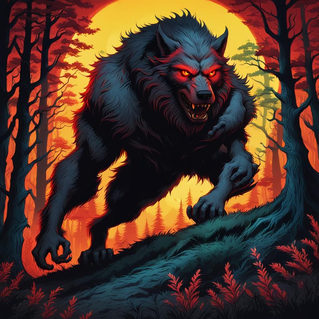 Werewolf in Vibrant Forest: Dark Fantasy Illustration