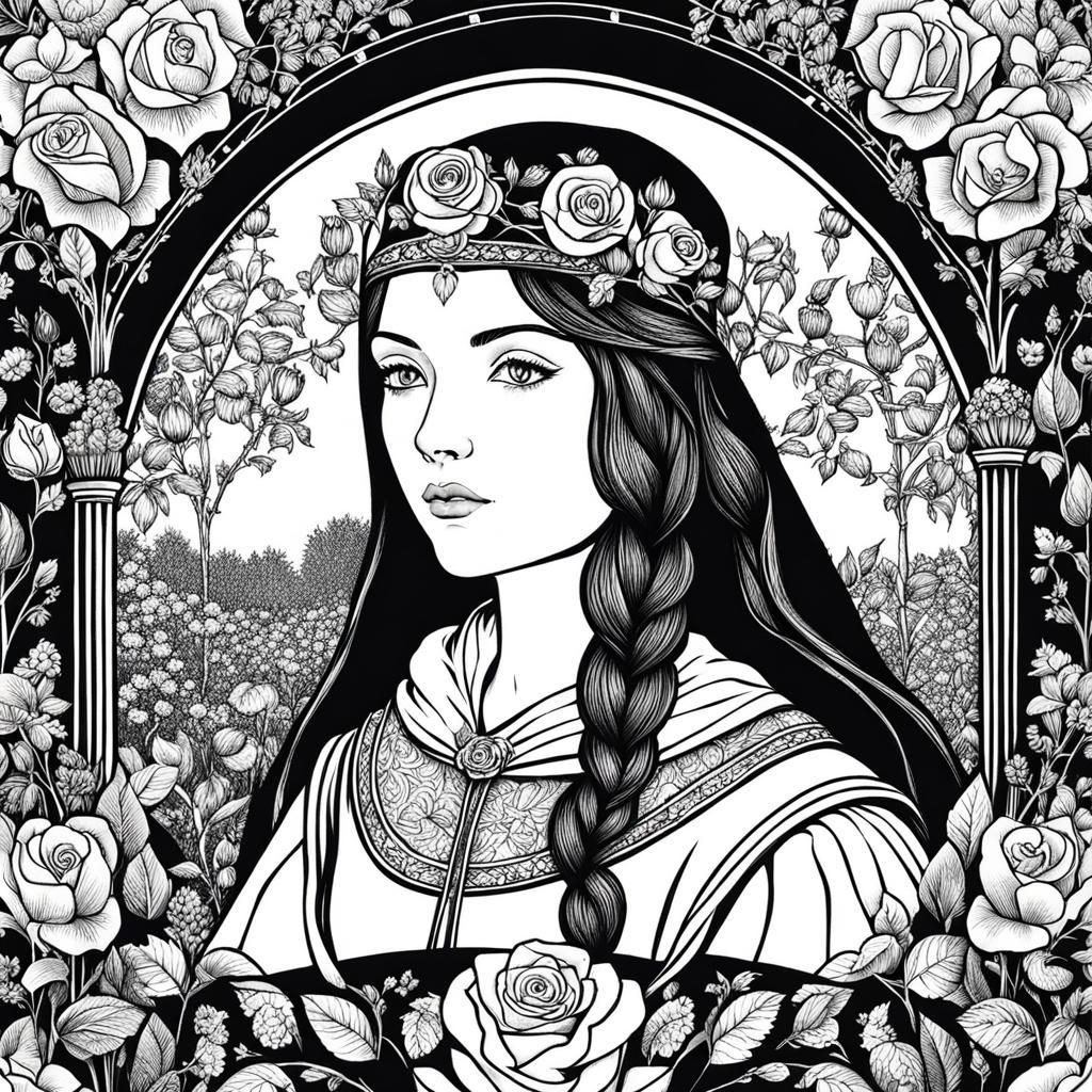 Medieval Girl in Rose Garden: Ink Art