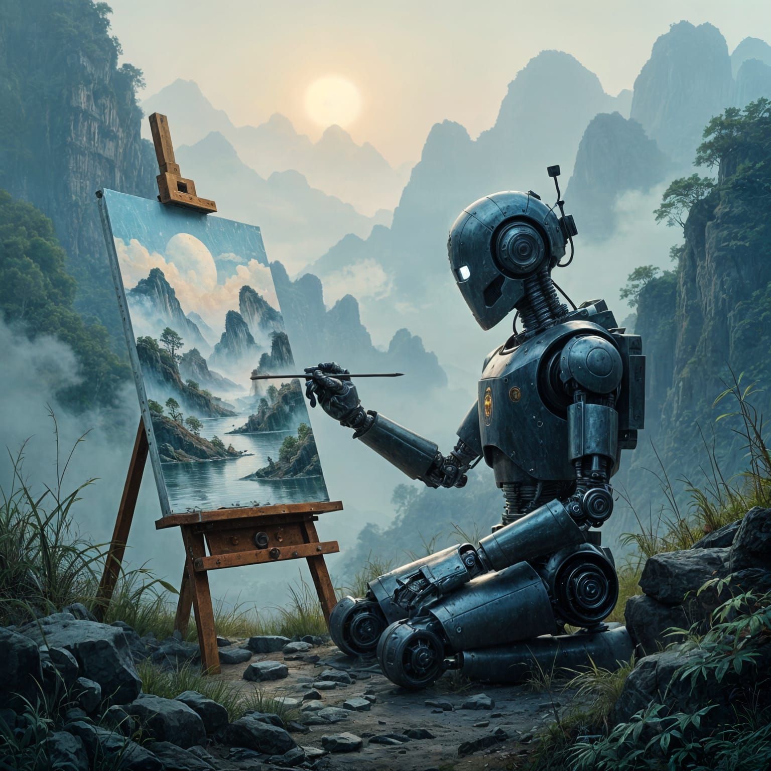 Robot with Oriental Art Etched on Chassis in Misty Valley