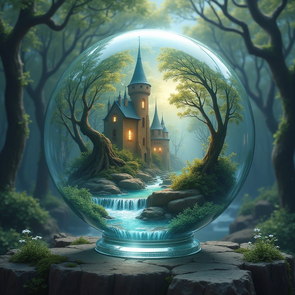 Whimsical Fantasy Castle Lit Within a Crystal Ball