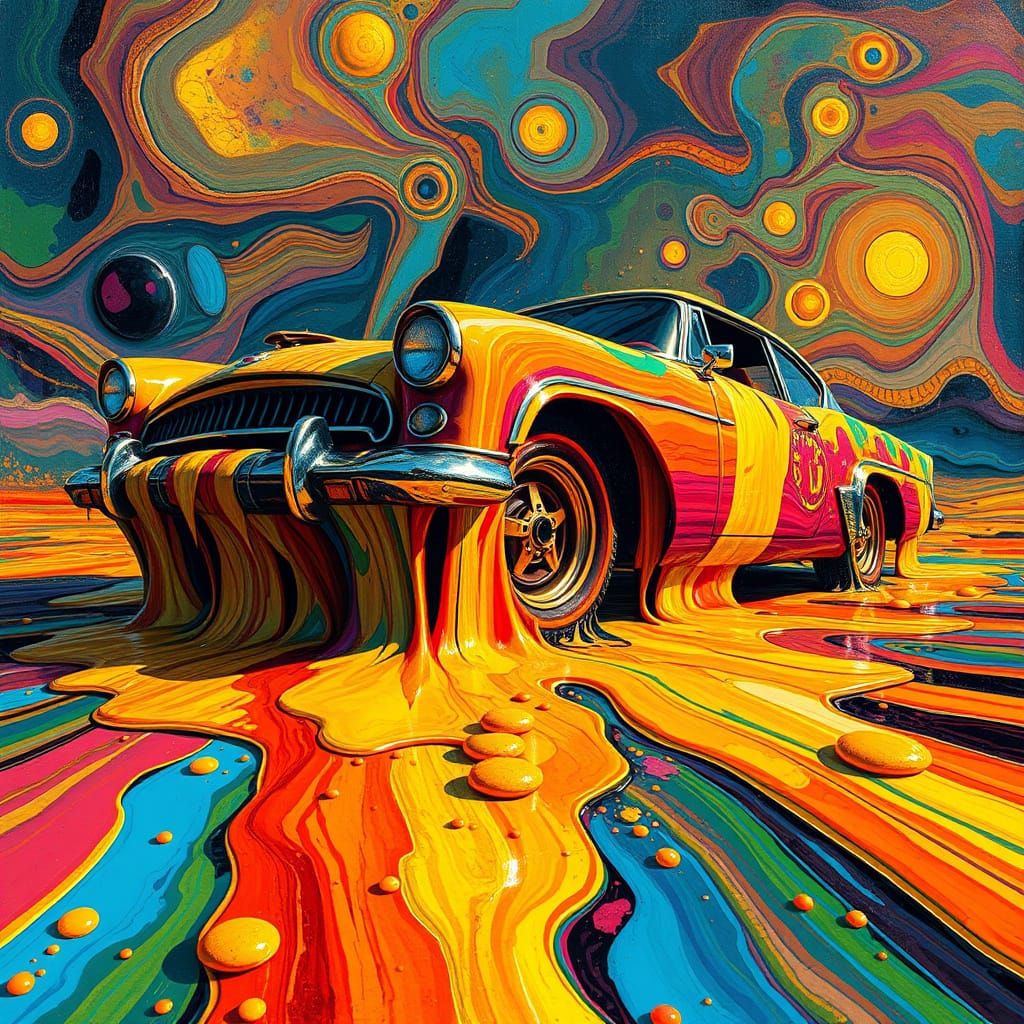 Melting Car in Surrealist Splash Art Style