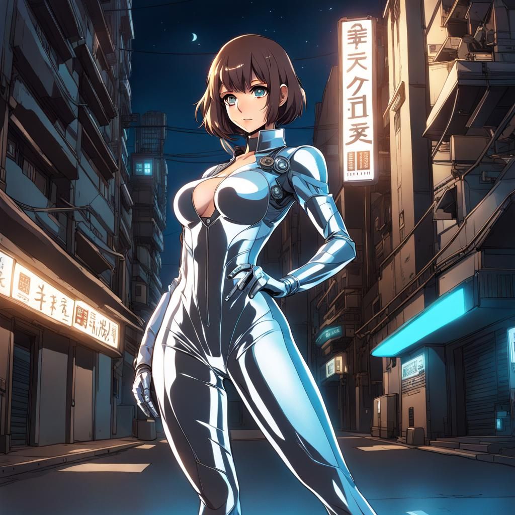 Cyborg in Snakeskin Bodysuit in Cyberpunk City