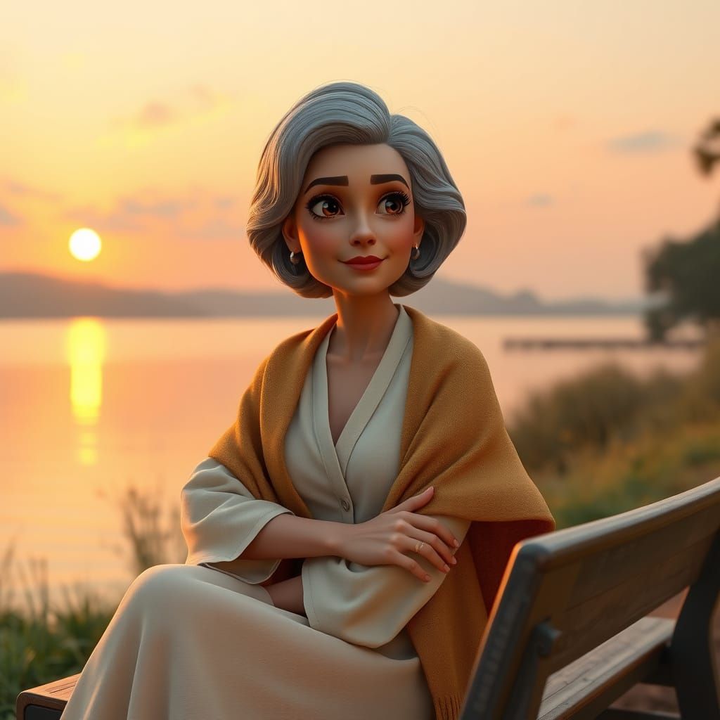 Pixar-Style Woman by Lake at Sunset