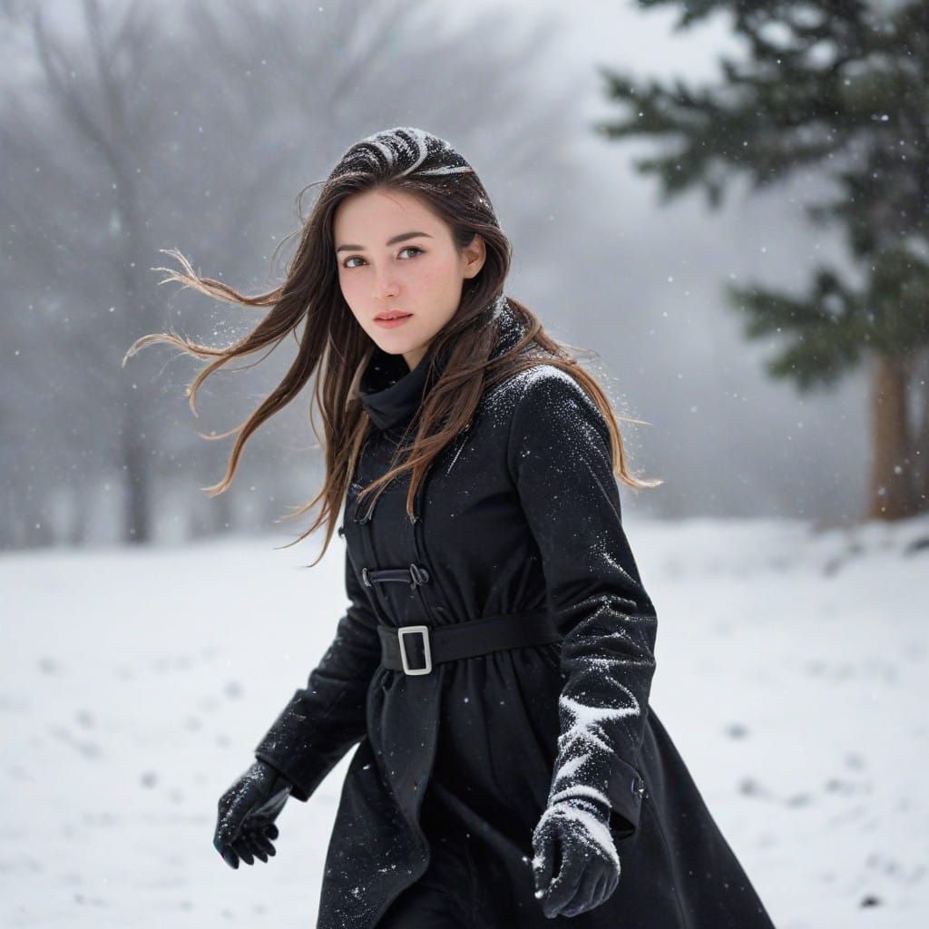 Girl Plays in Snowy Landscape with Dark Cloak