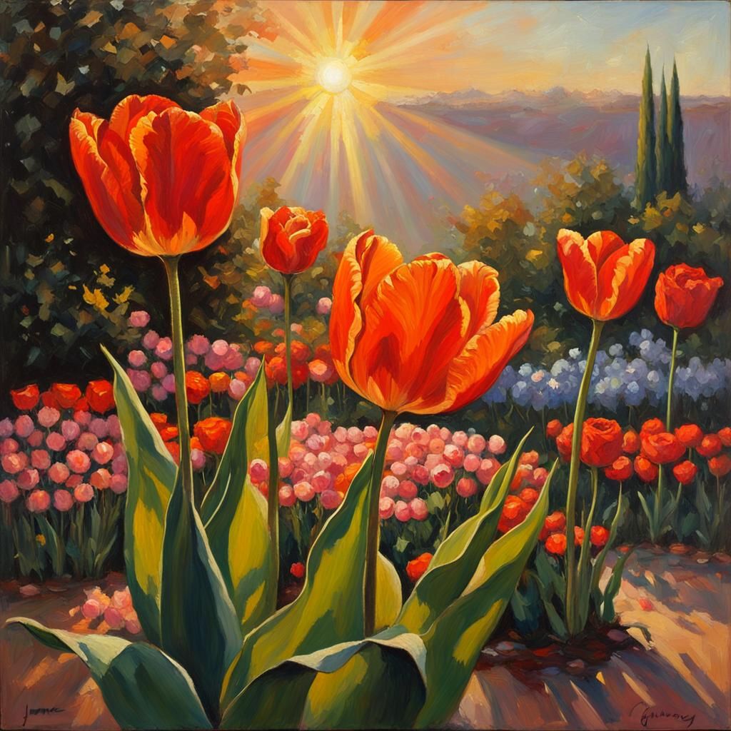 Hybrid Tulip-Rose Flower at Sunset, Oil Painting
