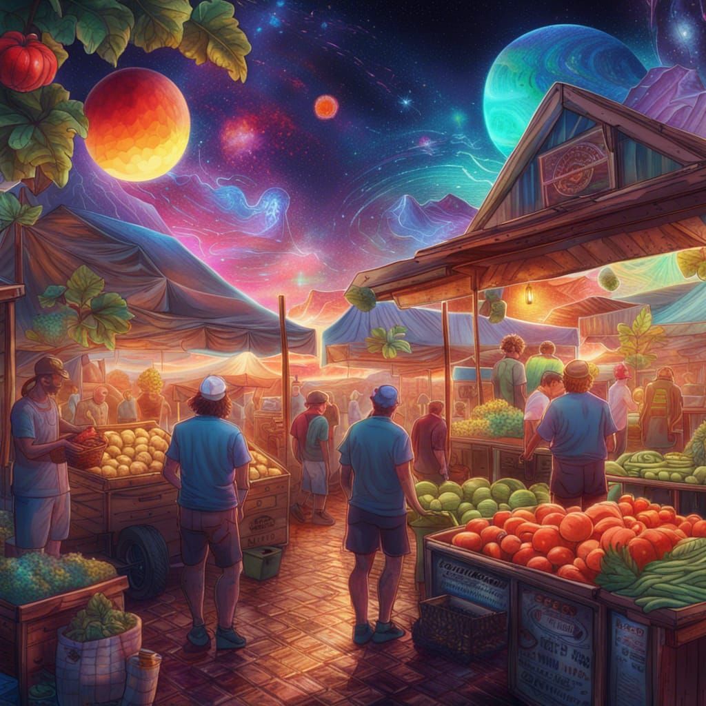 Cosmic Farmers Market Scene in Astral Illustration
