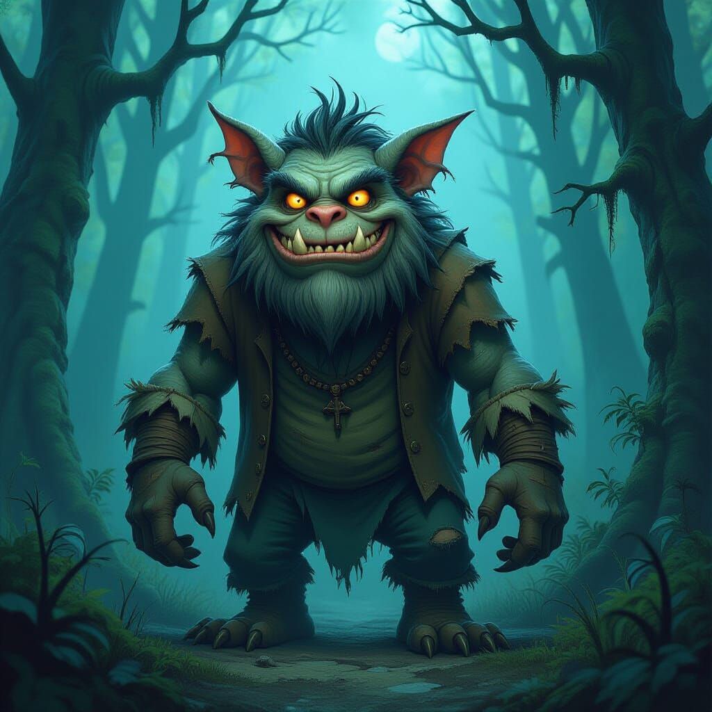 Funny Monster in Mystical Forest: Fantasy Art