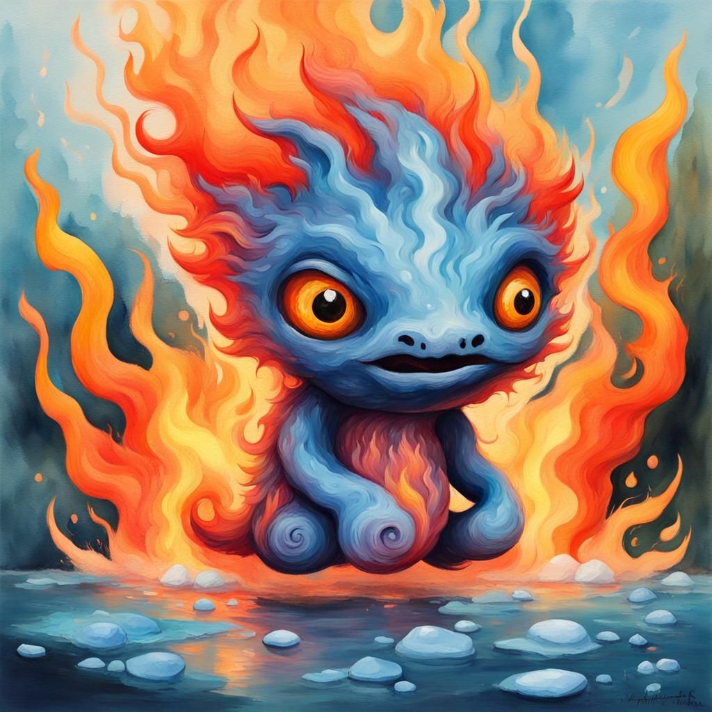 Elemental cute creature made from water and fire