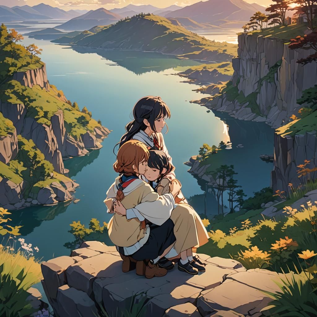 Anime Women Embrace Overlooking Lake in Digital Art