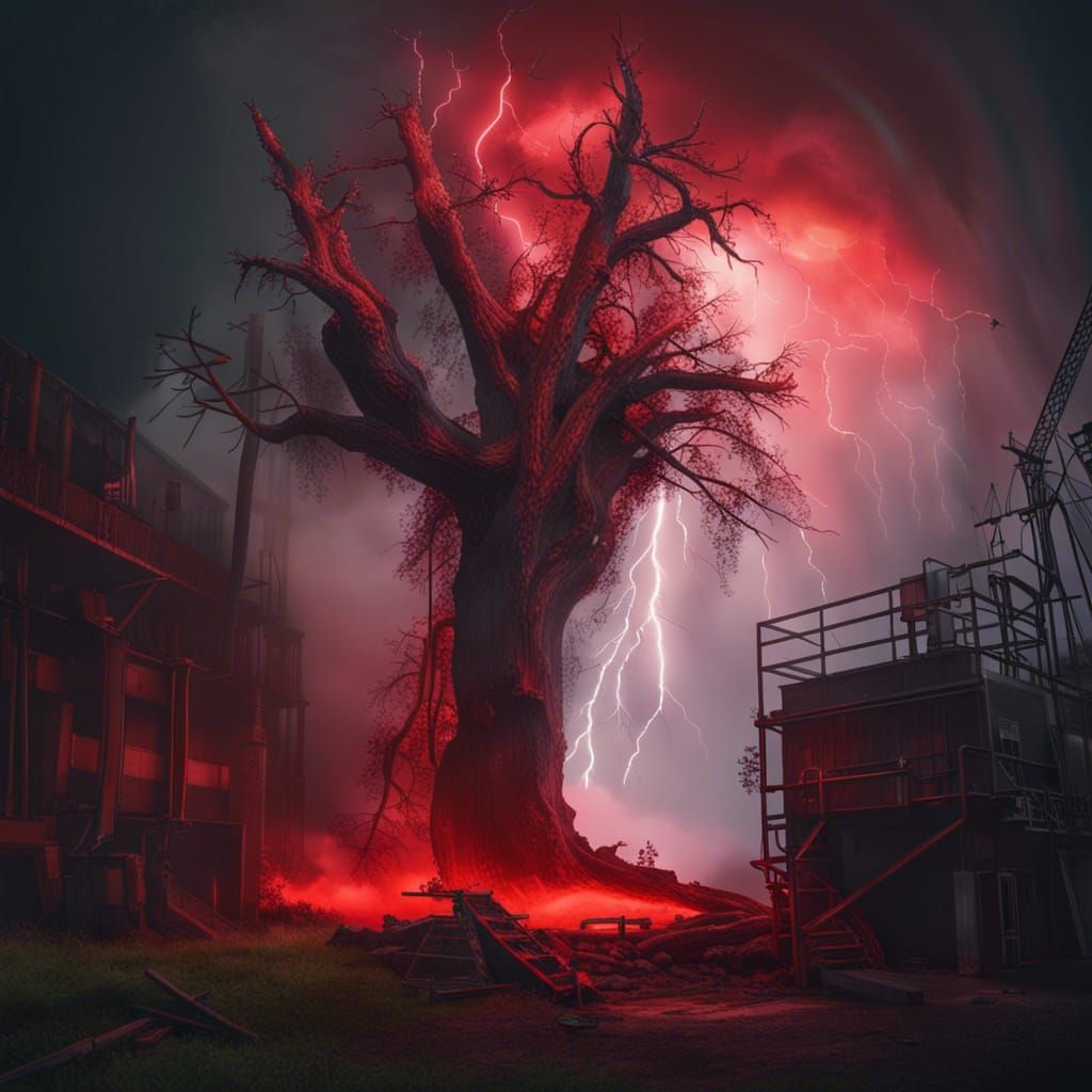 Hyperrealistic Thunderstorm Splits Tree in Abandoned Factory