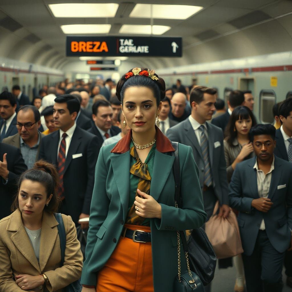 Bold Woman in Train Station, Vibrant Digital Art