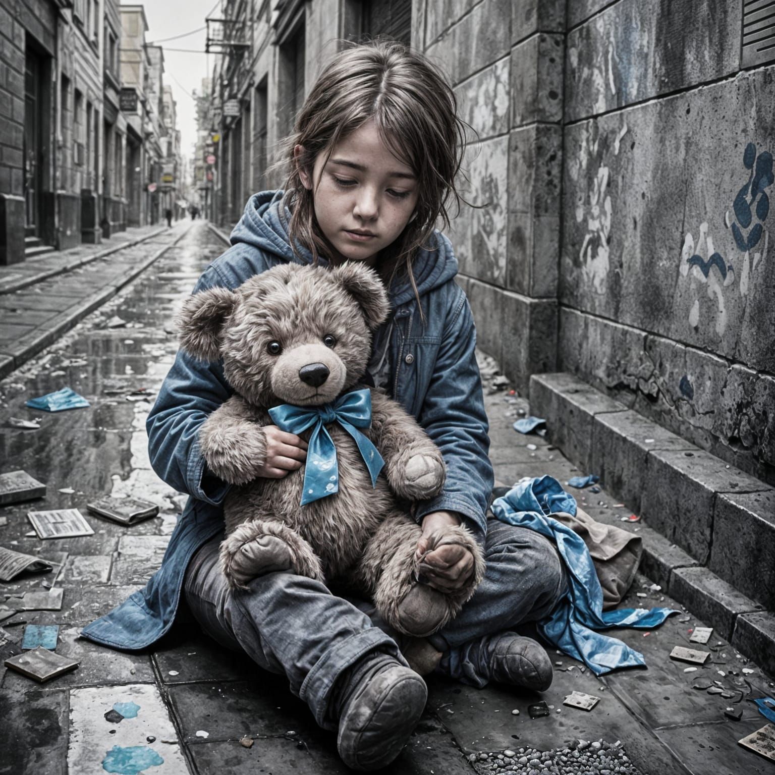 Emotional Grayscale Art of Child with Teddy Bear