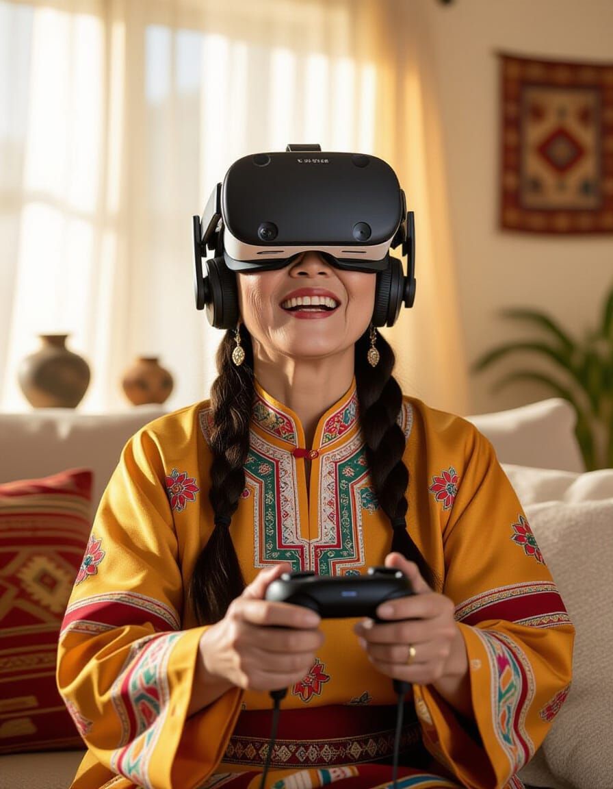 Joyful Hmong Lady Playing VR Game in Hyperrealistic Style
