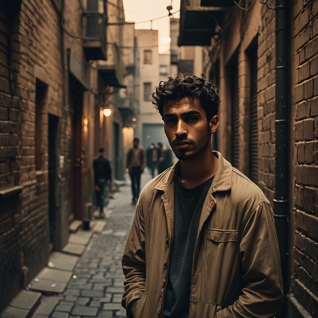 Urban Arab Man in Gritty Cinematic Alleyway