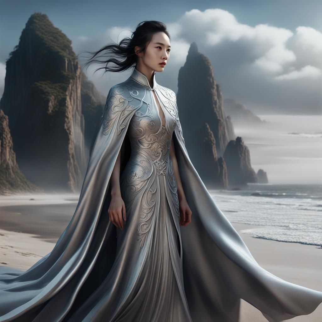 Chinese Girl in Silver Dress on Beach: Fantasy Art