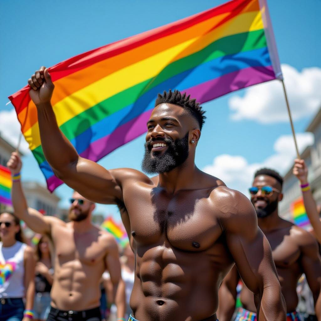 Pride Parade: Muscular Men Celebrate with Rainbow Flag