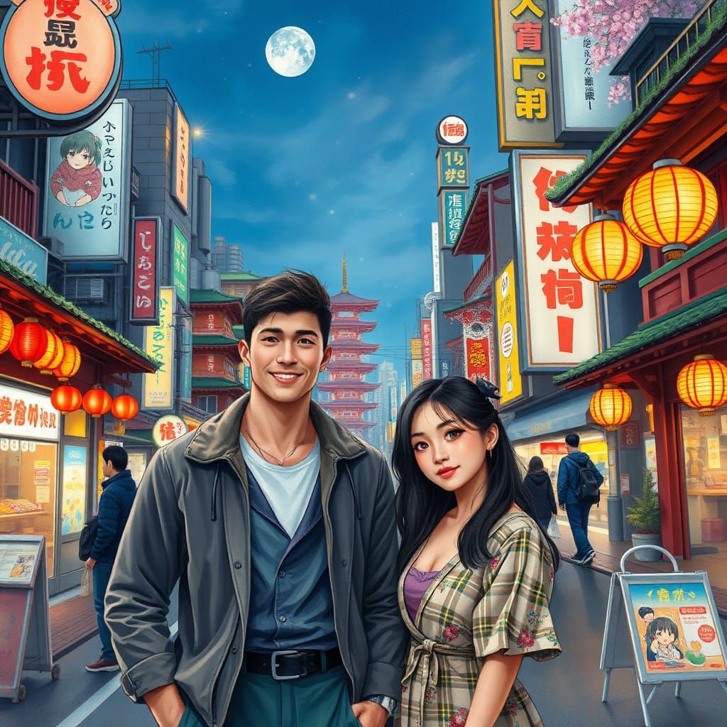 Romantic Japanese Cityscape with Chiseled Couple