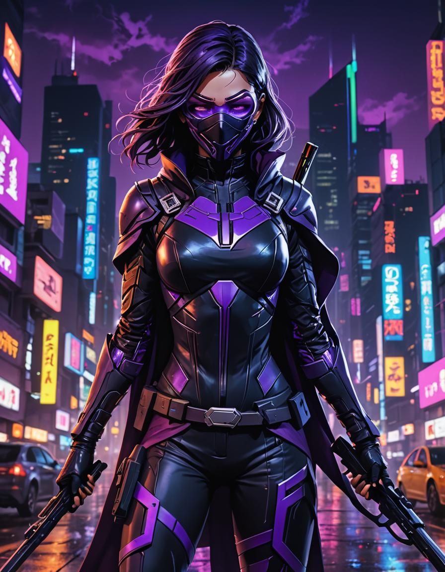 Huntress in Cyberpunk Anime Cityscape