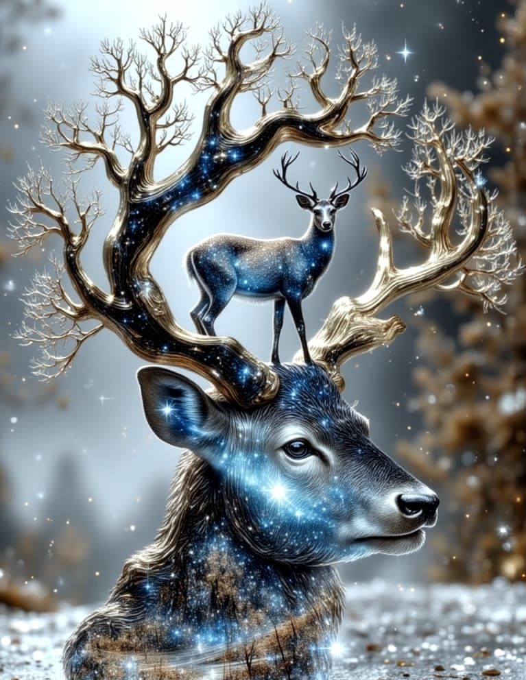 Painterly Deer Double Exposure in Blurry Landscape