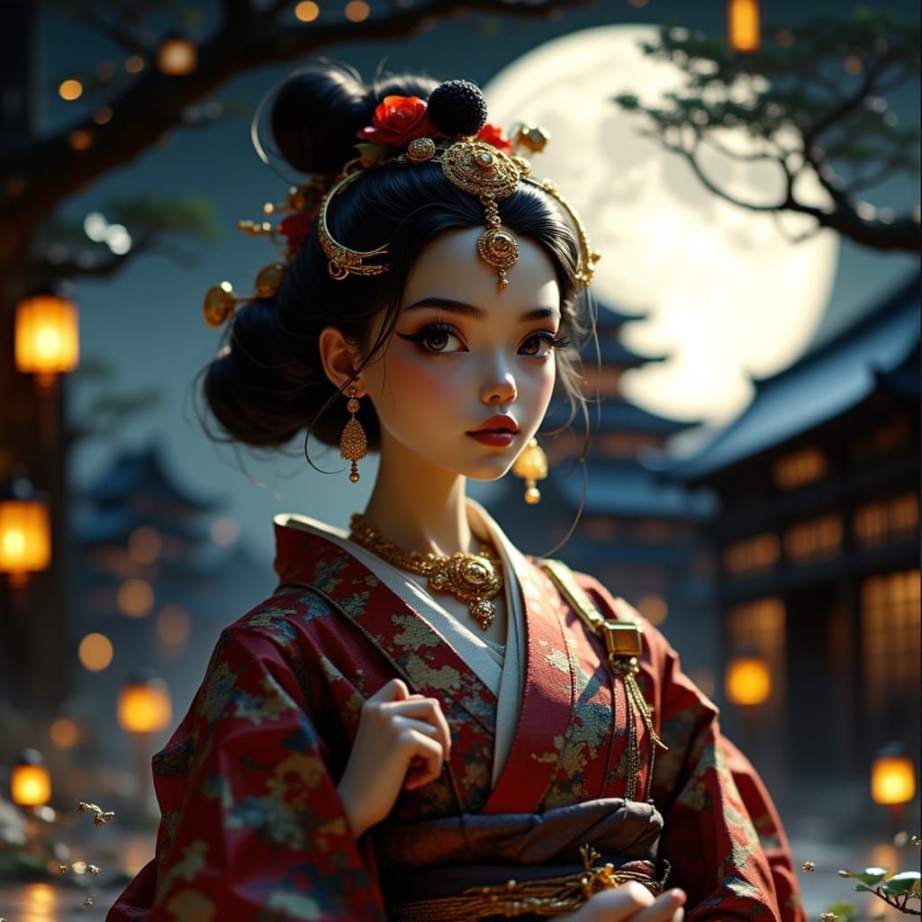 Barbie in Elegant Edo-Period Attire, Under Moonlit Japanese ...