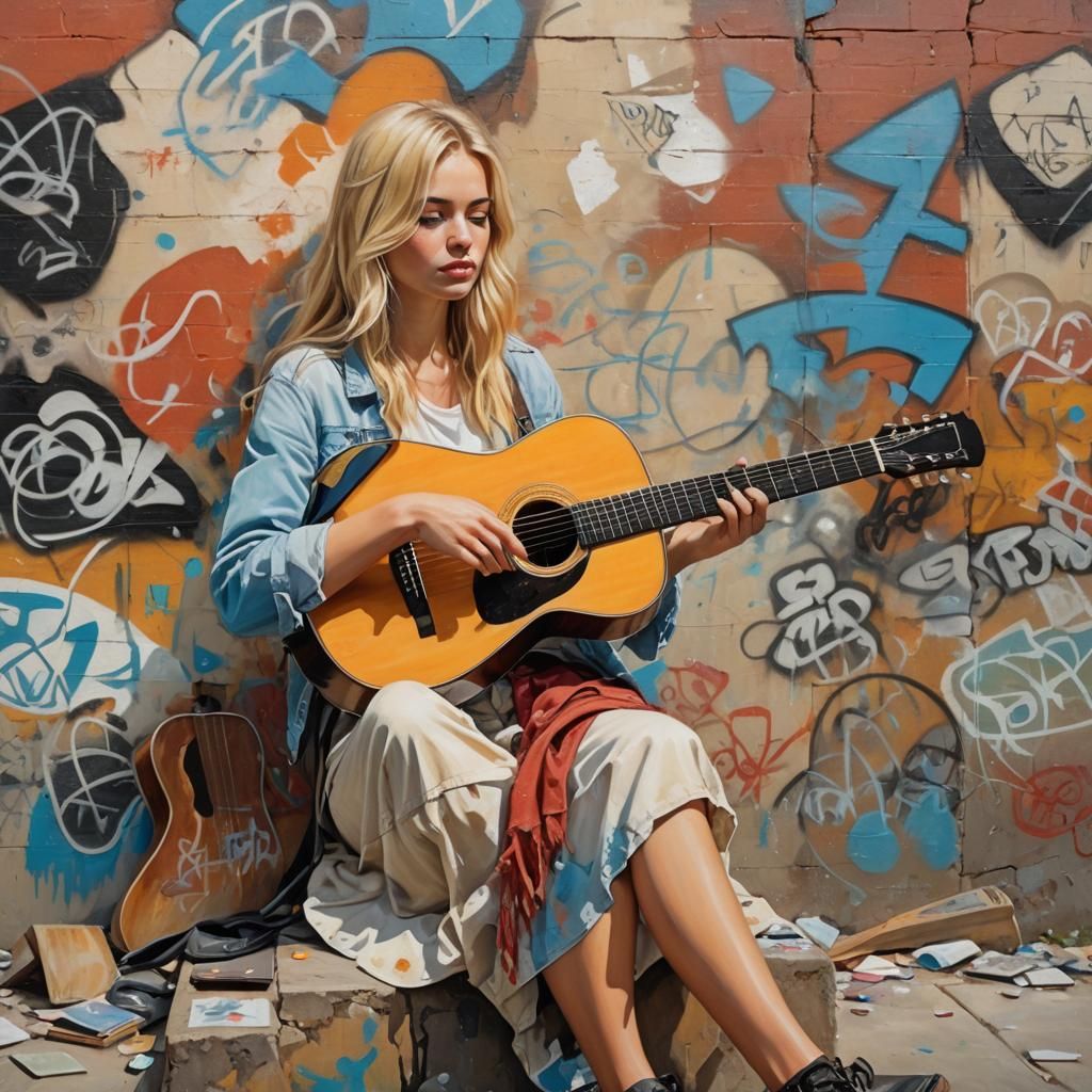Girl with Guitar in Summer Oil Painting Style
