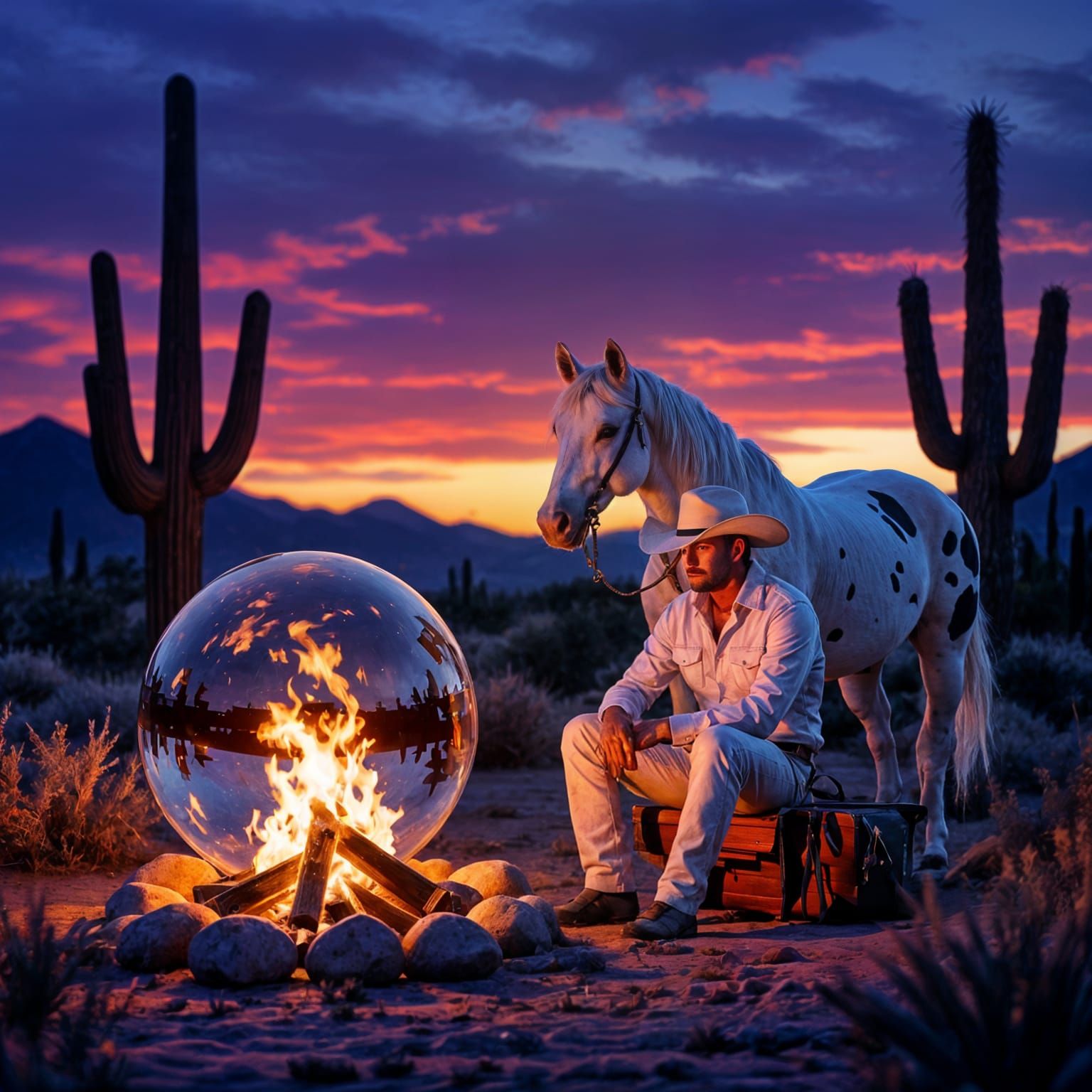 Lone Cowboy by Campfire in Mystical Desert