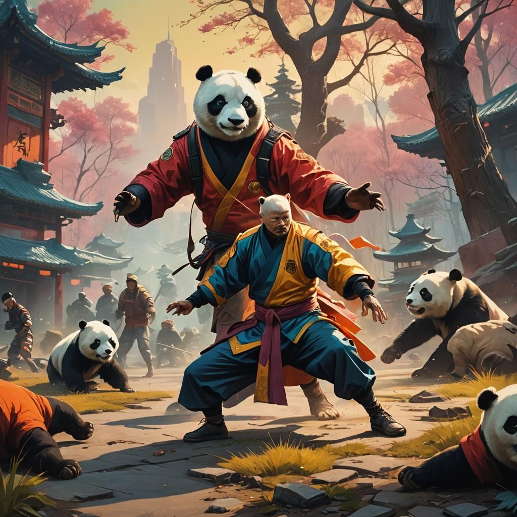 Kung Fu Master vs Panda in Sci-Fi Illustration