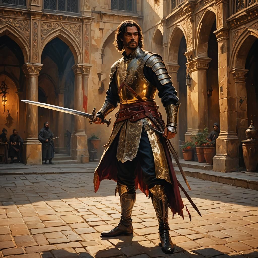 Medieval Swordsman in Ornate Courtyard, Oil Painting Style