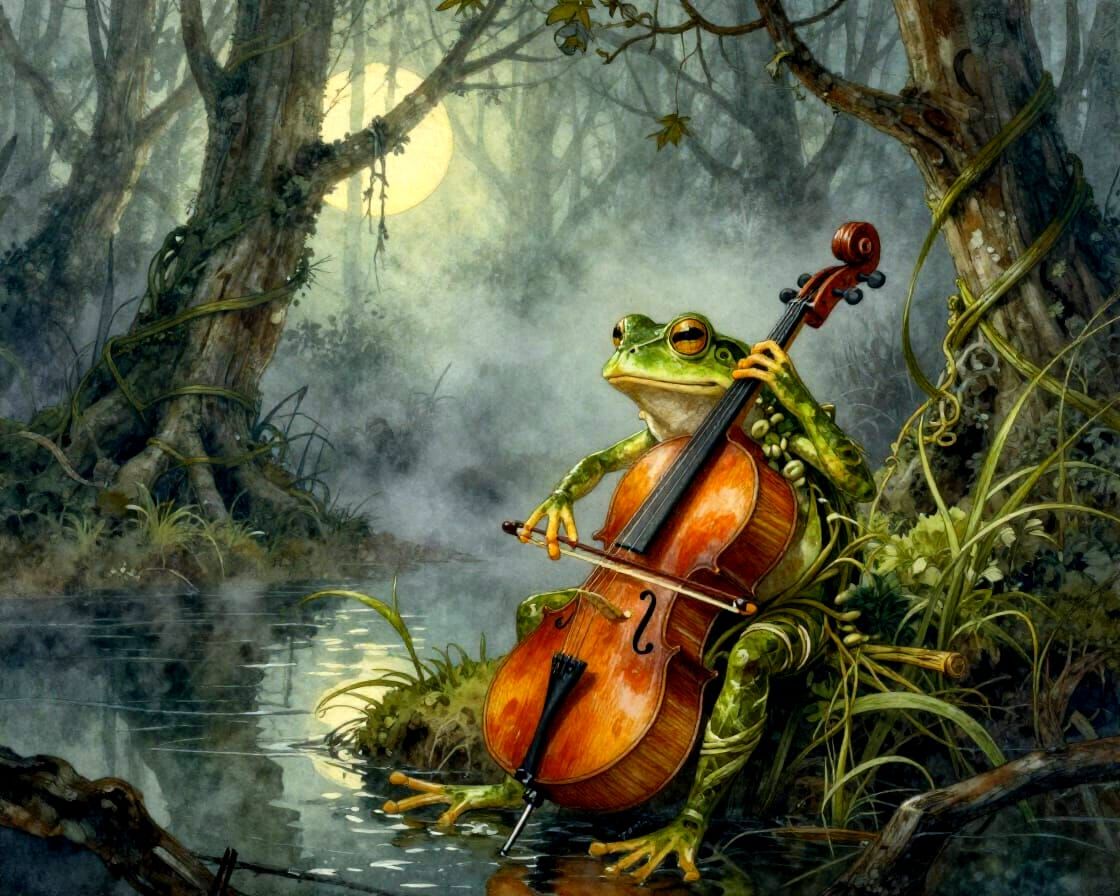 Melancholic Frog Musician in Misty Swamp Watercolor