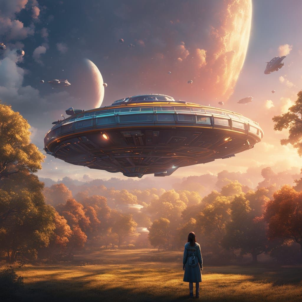 Girl Awaits Spaceship at Sunrise: Fantasy Concept Art