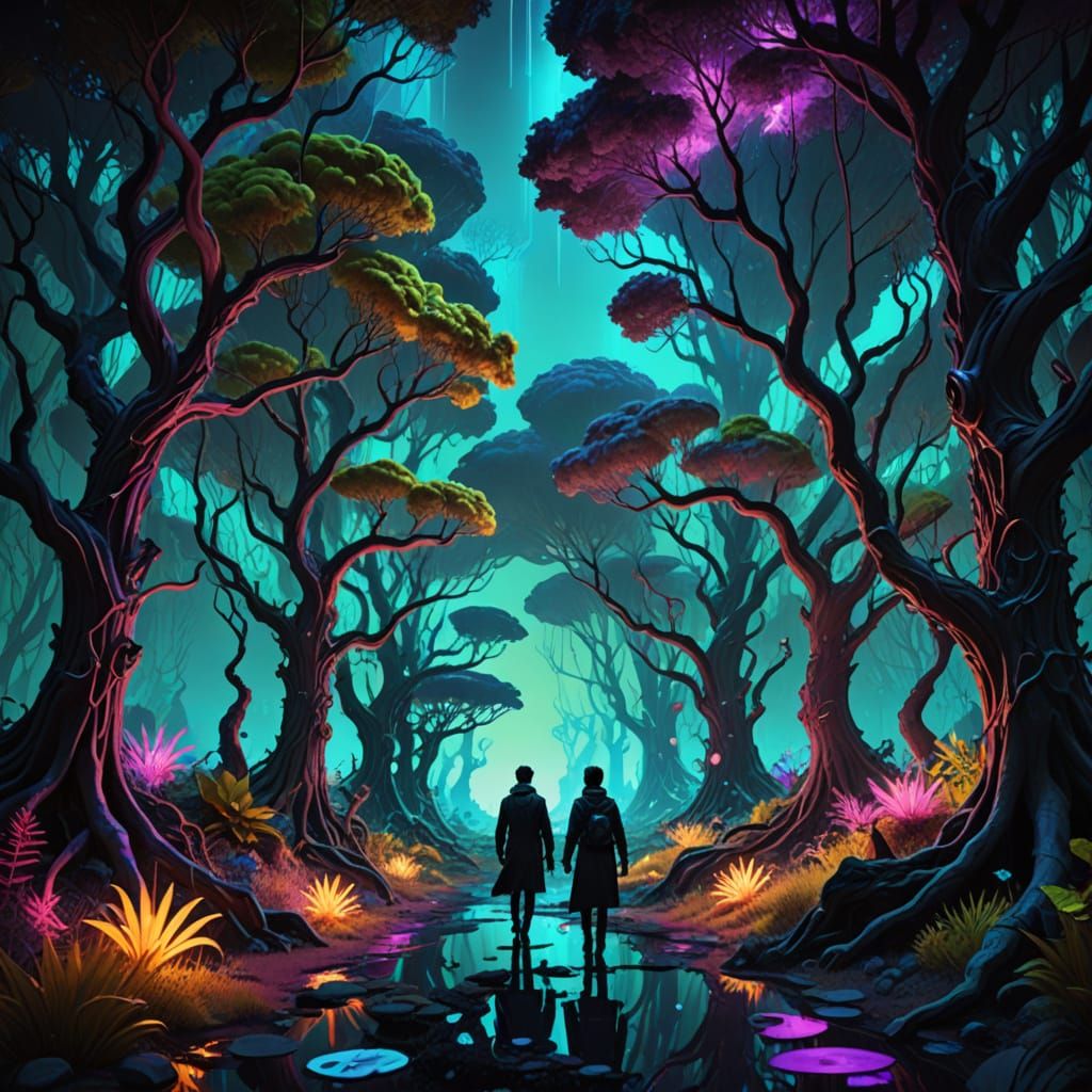 Metal Forest with Bioluminescent Plants, Digital Matte Paint...