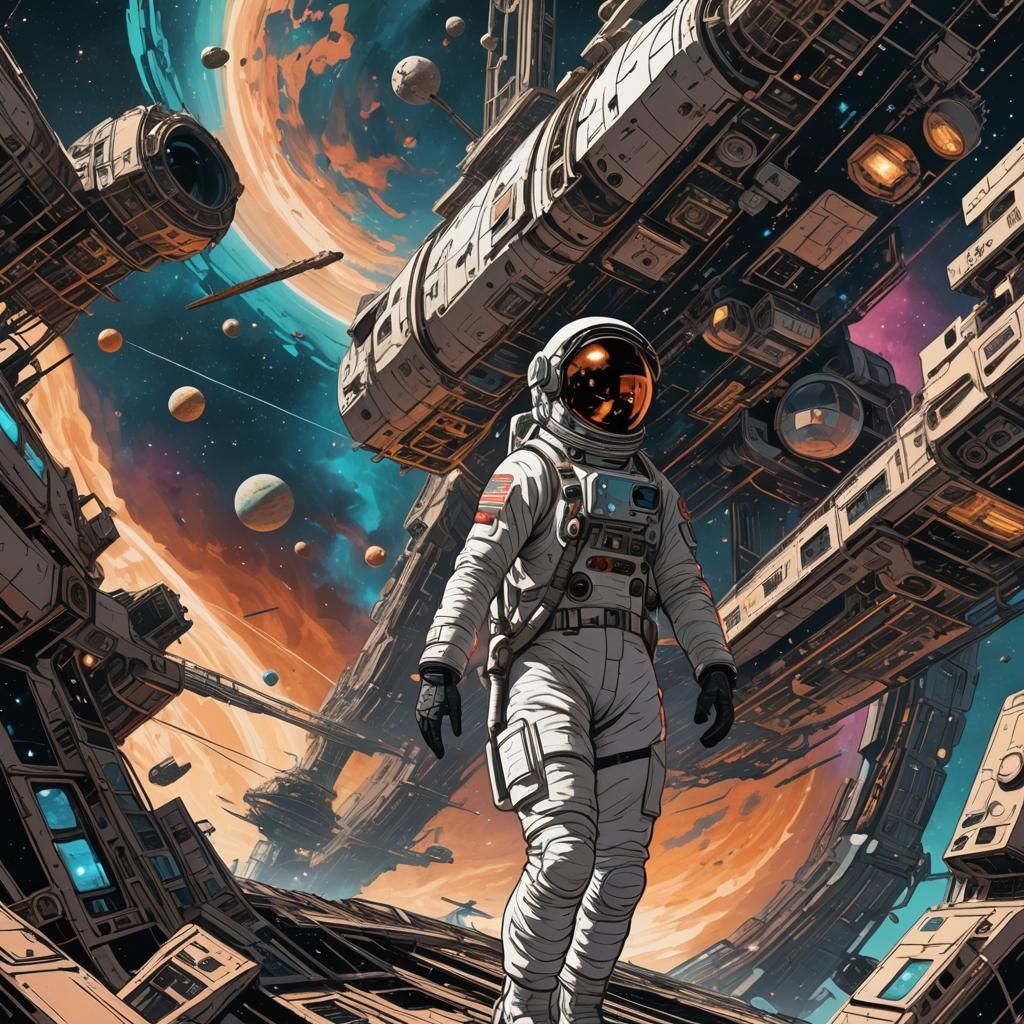 Astronaut and Rocketships in Retro Sci-Fi Style