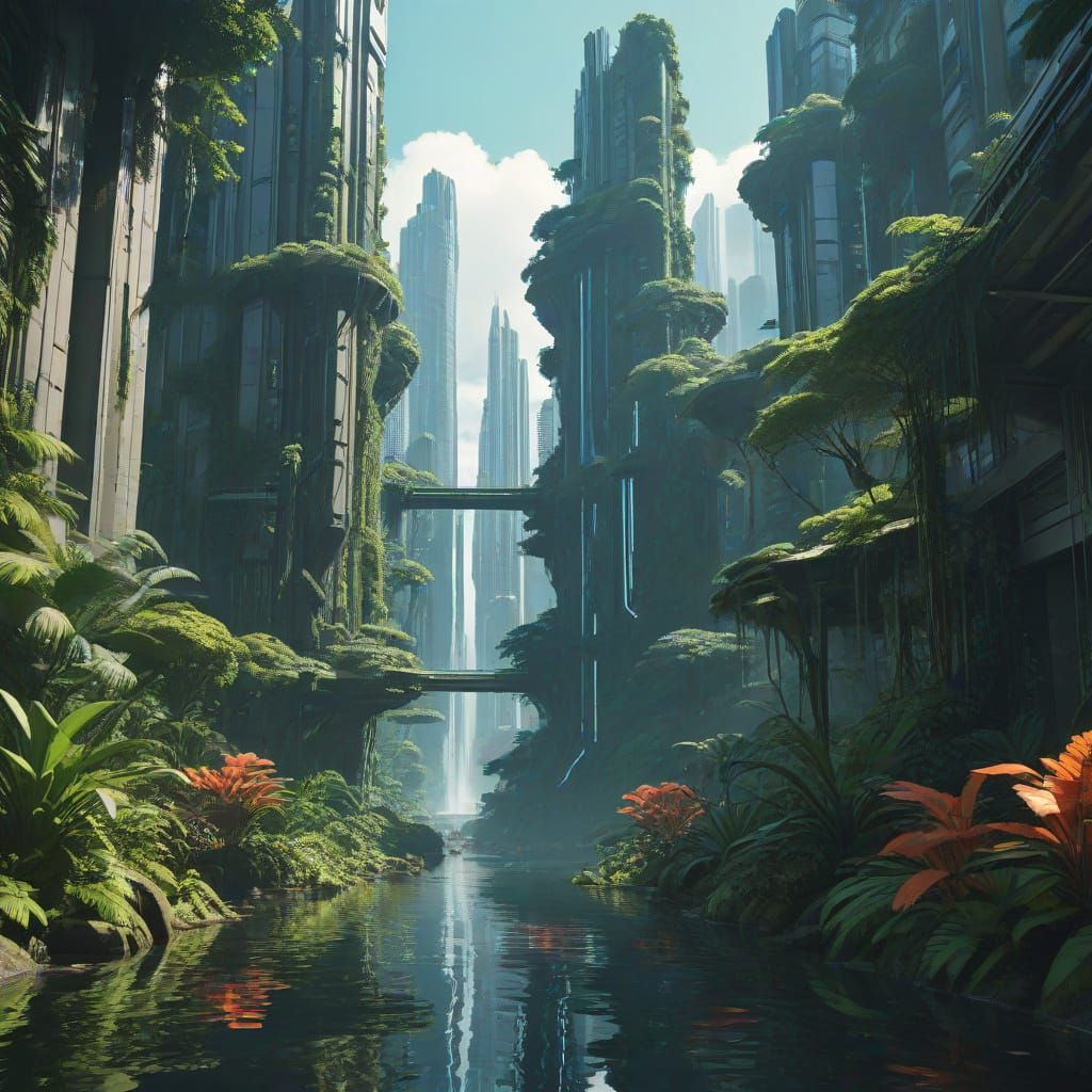 Futuristic City in Amazon Rainforest: Digital Matte Painting