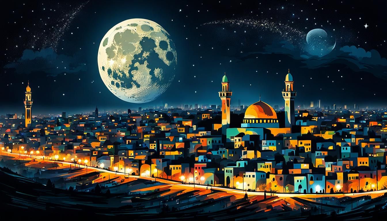 Gaza City Skyline at Night: Expressionist Crescent Moon