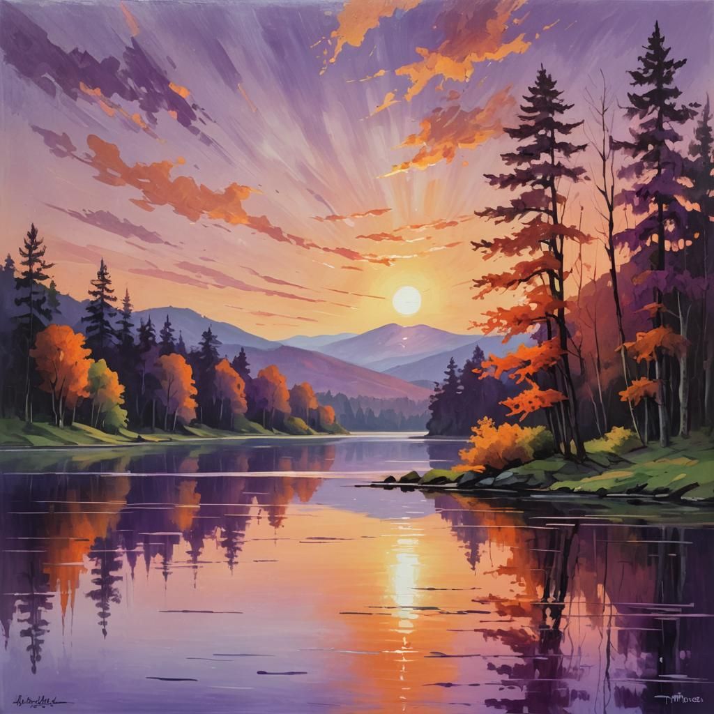 Vibrant Landscape Painting with Purple and Orange Sky