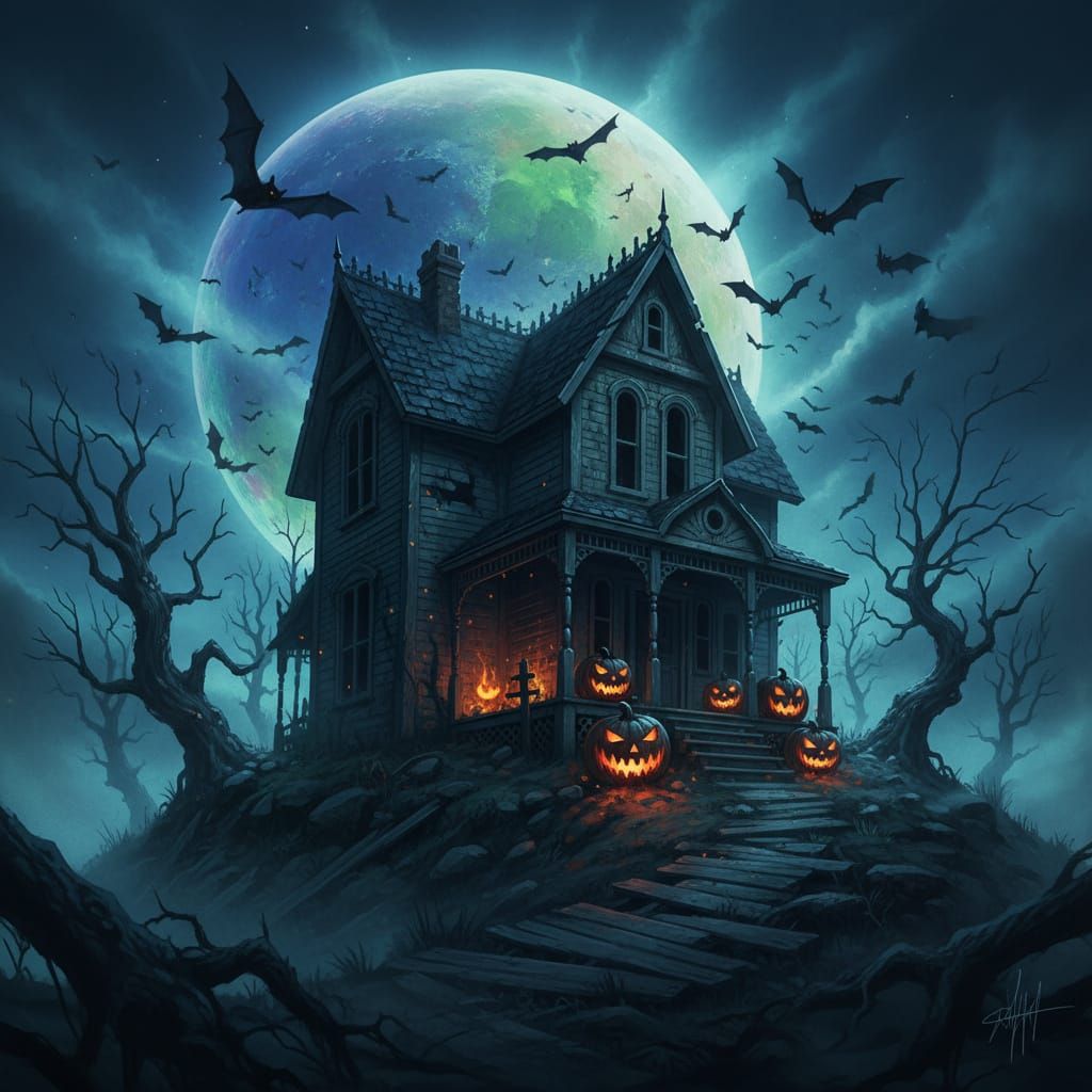Haunted Victorian Mansion Under Eerie Moon