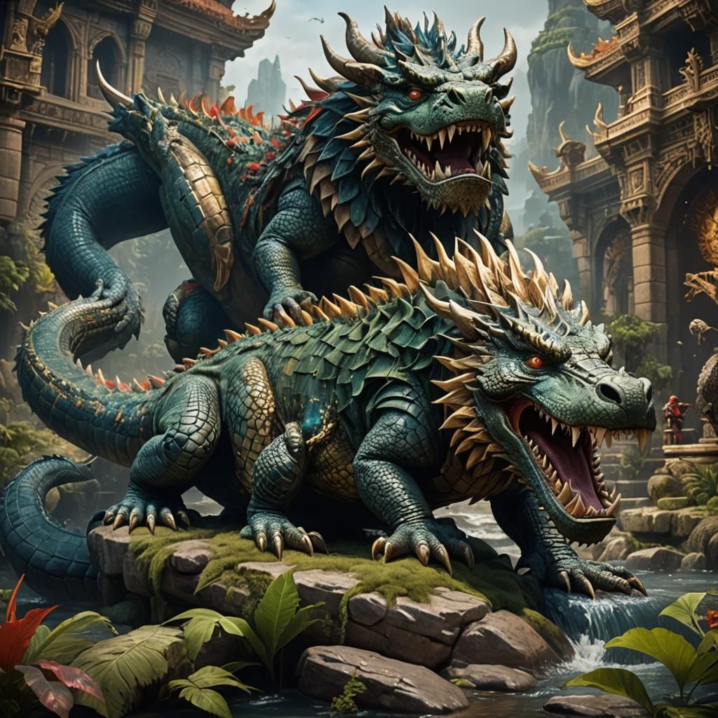 Crocodile-Dragon-Lion Hybrid in Detailed Matte Painting